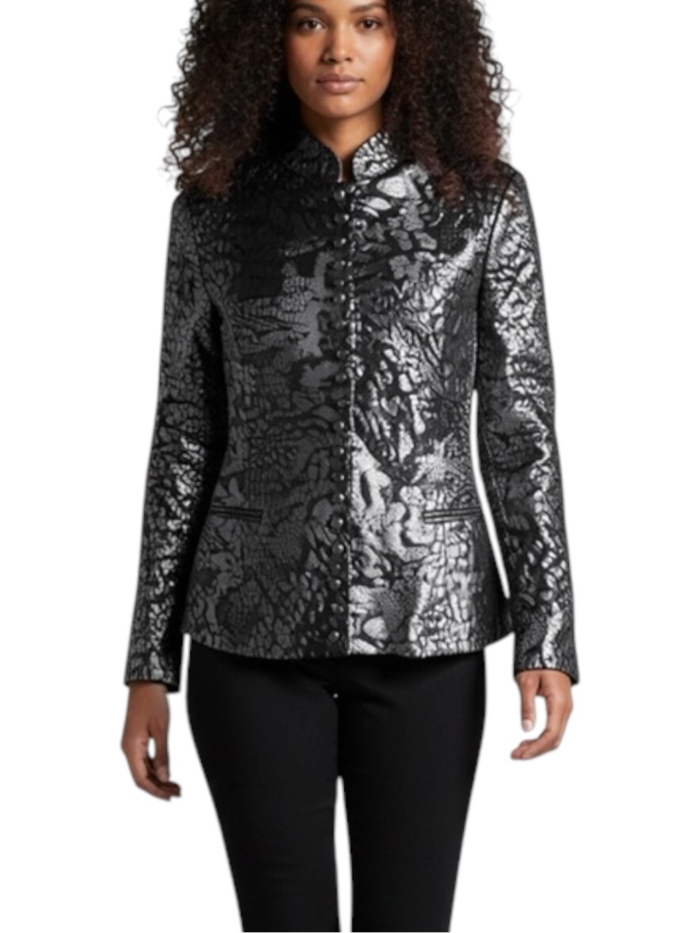 Chico’s Metallic Black Silver Long Sleeve Jacket NWOT Size 8 Coastal Grandma